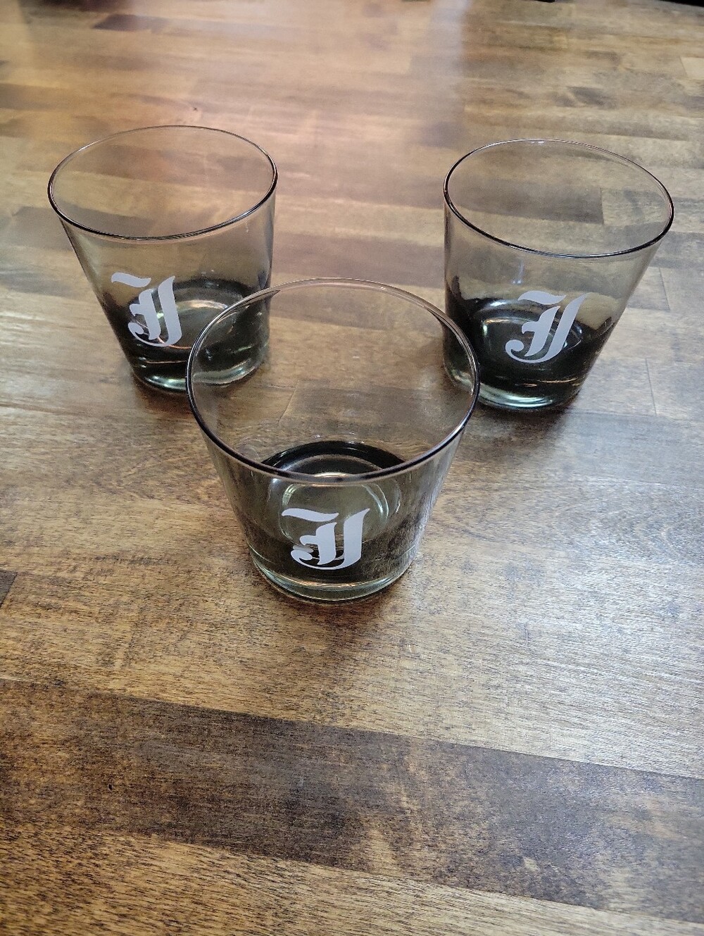 Vintage Smokey Gray drinking glasses Engraved Old English monogram J letter.